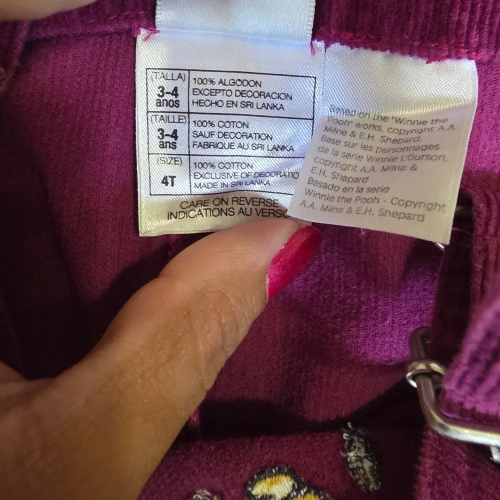 Disney‎ Store Winnie the Pooh Corduroy Overalls Magenta Purple Kids 4T Vintage